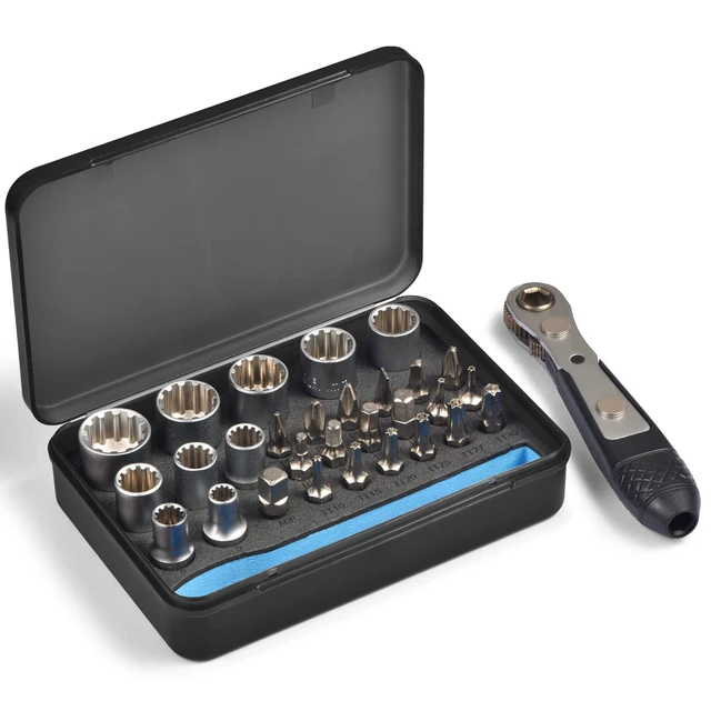 Main image of S2 Steel Screwdriver Bit Set with 1/4" Hex Shank Bits (30) S2 Steel 1/4" Hex Shank Magnetic Bit Holder, 36-Tooth Gear Wrench Handle for Tight Spaces