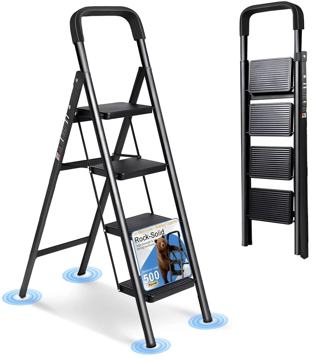 Main image of 4 Step Ladder Folding Step Stool with Handrail 500LBS Capacity Sturdy Carbon Steel Frame Anti-Slip Pedal & Feet Portable for Home Kitchen Garage Bathroom (black-4step)