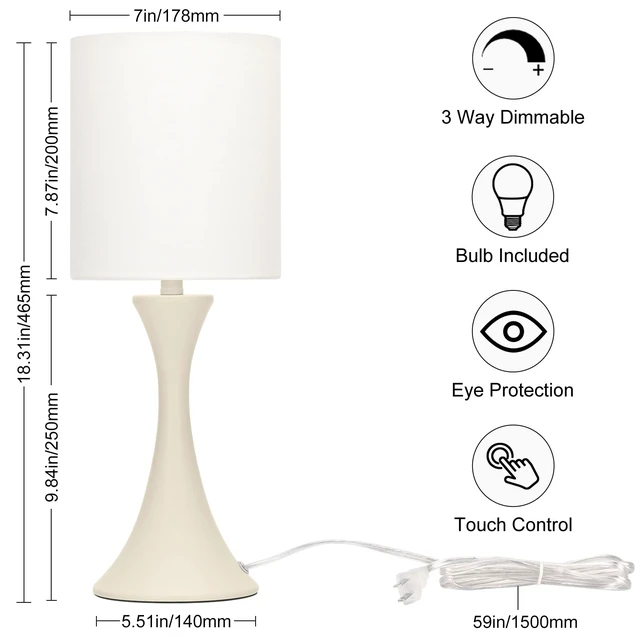 Alt view image 2 of 7 - Dimmable Table Lamp, 3 Way Touch Control Desk Lamp, Small Bedside Light Nightstand Lamp with Beige Shade and Cream Base, Reading Lamp for Living Room, Bedroom, Dorm, Office, 3000K LED Bulb Included