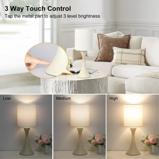 Alt view image 3 of 7 - Dimmable Table Lamp, 3 Way Touch Control Desk Lamp, Small Bedside Light Nightstand Lamp with Beige Shade and Cream Base, Reading Lamp for Living Room, Bedroom, Dorm, Office, 3000K LED Bulb Included