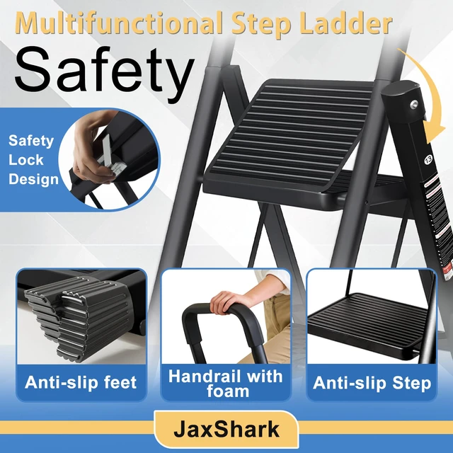 Alt view image 2 of 7 - 3 Step Ladder Folding Step Stool with Handrail 500LBS Capacity Sturdy Carbon Steel Frame Anti-Slip Pedal & Feet Portable for Home Kitchen Garage Bathroom (black-3step)