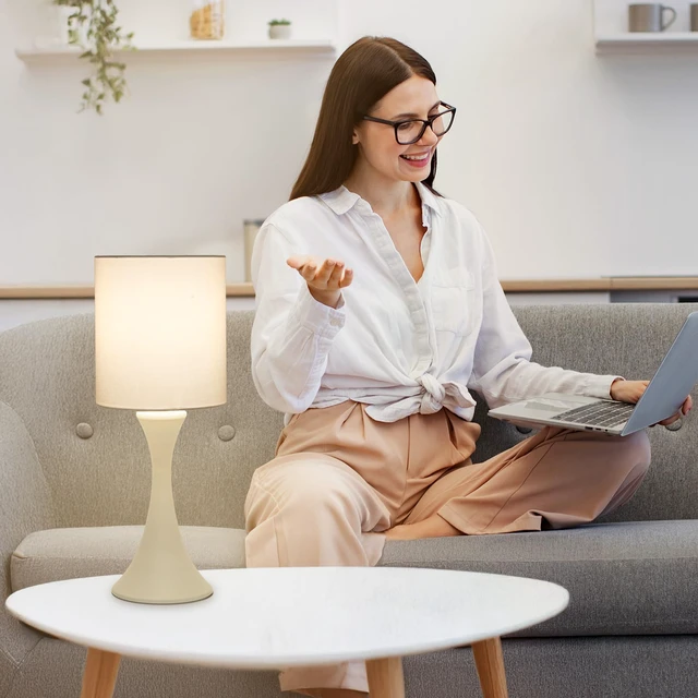 Alt view image 5 of 7 - Dimmable Table Lamp, 3 Way Touch Control Desk Lamp, Small Bedside Light Nightstand Lamp with Beige Shade and Cream Base, Reading Lamp for Living Room, Bedroom, Dorm, Office, 3000K LED Bulb Included