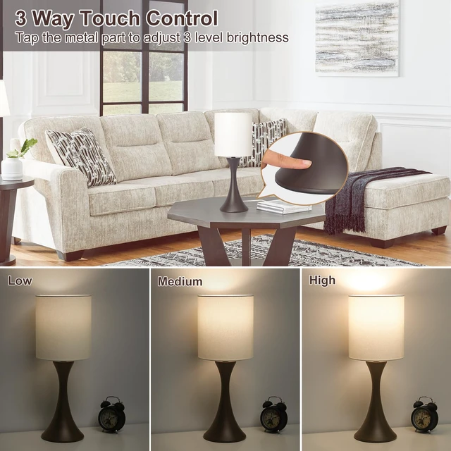 Alt view image 3 of 7 - 3 Way Touch Control Table Lamp, Dimmable Bedside Lamp, Nightstand Light Desk Lamp with Beige Shade and Dark Brown Base, Small Lamp for Living Room, Bedroom, Dorm, Office, 3000K LED Bulb Included
