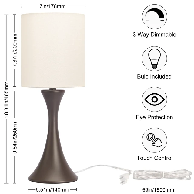 Alt view image 2 of 7 - 3 Way Touch Control Table Lamp, Dimmable Bedside Lamp, Nightstand Light Desk Lamp with Beige Shade and Dark Brown Base, Small Lamp for Living Room, Bedroom, Dorm, Office, 3000K LED Bulb Included