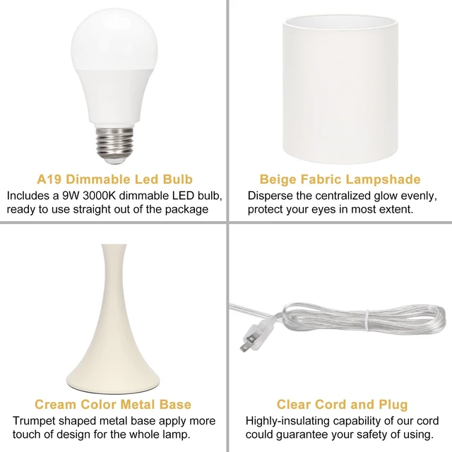 Alt view image 7 of 7 - Dimmable Table Lamp, 3 Way Touch Control Desk Lamp, Small Bedside Light Nightstand Lamp with Beige Shade and Cream Base, Reading Lamp for Living Room, Bedroom, Dorm, Office, 3000K LED Bulb Included