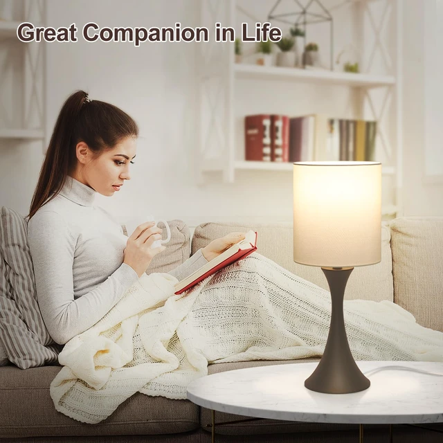 Alt view image 5 of 7 - 3 Way Touch Control Table Lamp, Dimmable Bedside Lamp, Nightstand Light Desk Lamp with Beige Shade and Dark Brown Base, Small Lamp for Living Room, Bedroom, Dorm, Office, 3000K LED Bulb Included