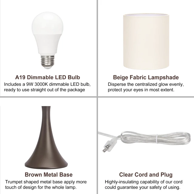 Alt view image 7 of 7 - 3 Way Touch Control Table Lamp, Dimmable Bedside Lamp, Nightstand Light Desk Lamp with Beige Shade and Dark Brown Base, Small Lamp for Living Room, Bedroom, Dorm, Office, 3000K LED Bulb Included