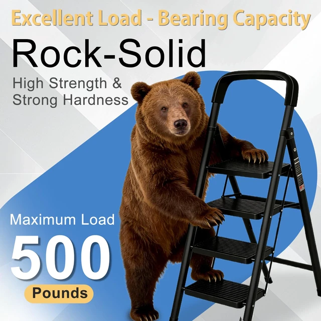 Alt view image 3 of 7 - 4 Step Ladder Folding Step Stool with Handrail 500LBS Capacity Sturdy Carbon Steel Frame Anti-Slip Pedal & Feet Portable for Home Kitchen Garage Bathroom (black-4step)