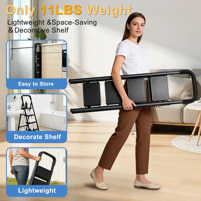 Alt view image 5 of 7 - 4 Step Ladder Folding Step Stool with Handrail 500LBS Capacity Sturdy Carbon Steel Frame Anti-Slip Pedal & Feet Portable for Home Kitchen Garage Bathroom (black-4step)