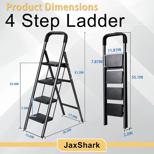 Alt view image 6 of 7 - 4 Step Ladder Folding Step Stool with Handrail 500LBS Capacity Sturdy Carbon Steel Frame Anti-Slip Pedal & Feet Portable for Home Kitchen Garage Bathroom (black-4step)
