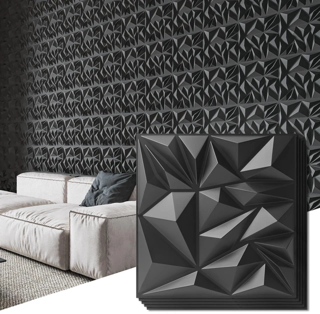 Main image of 50-Pack Modern Diamond Textured 3D Wall Panels, 12 x 12 in, Black Light PVC, Waterproof, Scratch Proof, Decorative Wall, Ideal for Home, Office & Commercial Spaces