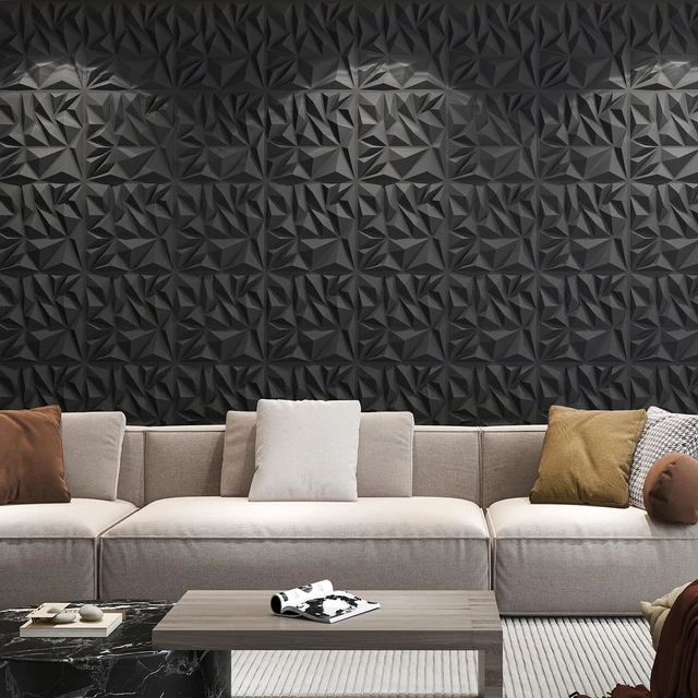 Alt view image 2 of 7 - 50-Pack Modern Diamond Textured 3D Wall Panels, 12 x 12 in, Black Light PVC, Waterproof, Scratch Proof, Decorative Wall, Ideal for Home, Office & Commercial Spaces