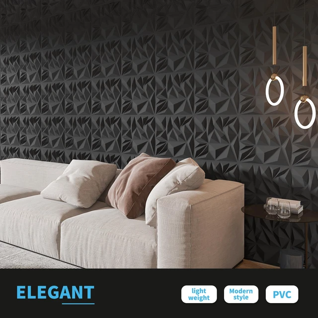 Alt view image 3 of 7 - 50-Pack Modern Diamond Textured 3D Wall Panels, 12 x 12 in, Black Light PVC, Waterproof, Scratch Proof, Decorative Wall, Ideal for Home, Office & Commercial Spaces