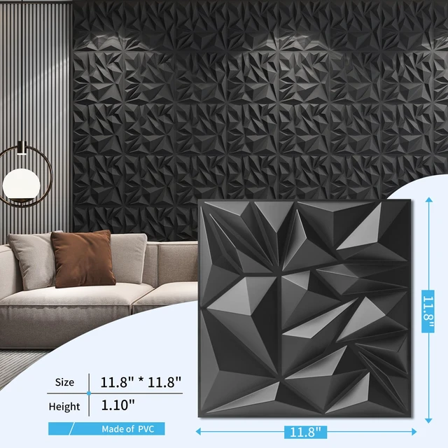 Alt view image 4 of 7 - 50-Pack Modern Diamond Textured 3D Wall Panels, 12 x 12 in, Black Light PVC, Waterproof, Scratch Proof, Decorative Wall, Ideal for Home, Office & Commercial Spaces