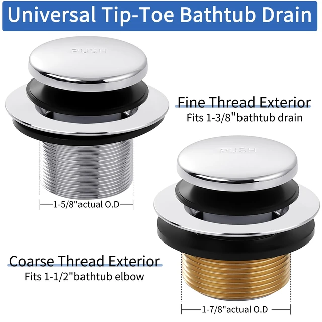 Alt view image 2 of 6 - Tub Drain Kit with Bathtub Drain Stopper (Chrome) Tip-Toe Tub Drain Trim Set with Two-Hole Overflow Plate, Replacement Conversion Assembly with Universal Fine & Coarse Thread