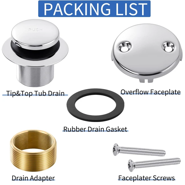 Alt view image 4 of 6 - Tub Drain Kit with Bathtub Drain Stopper (Chrome) Tip-Toe Tub Drain Trim Set with Two-Hole Overflow Plate, Replacement Conversion Assembly with Universal Fine & Coarse Thread