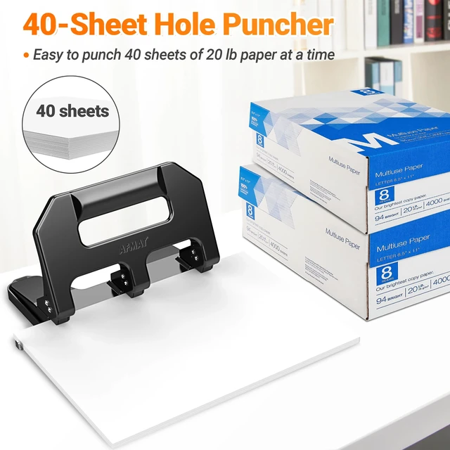 Alt view image 2 of 7 - HPX1 Heavy Duty 3 Hole Punch, 3 Hole Puncher for Binder, 40-Sheet Three Hole Punch w/ 10000+ Uses, Metal Hole Puncher 3 Ring, 50% Reduced Effort, Bulit-in S.S. Paper Guide (Black)
