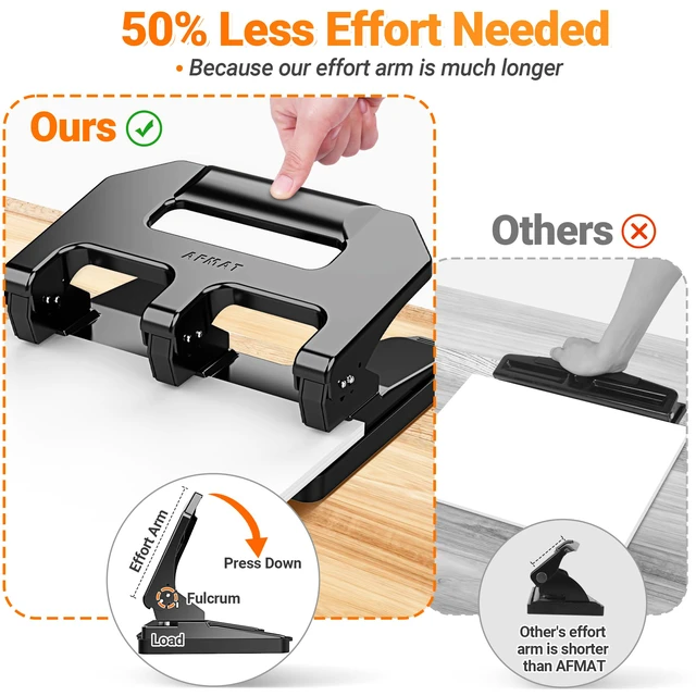 Alt view image 3 of 7 - HPX1 Heavy Duty 3 Hole Punch, 3 Hole Puncher for Binder, 40-Sheet Three Hole Punch w/ 10000+ Uses, Metal Hole Puncher 3 Ring, 50% Reduced Effort, Bulit-in S.S. Paper Guide (Black)