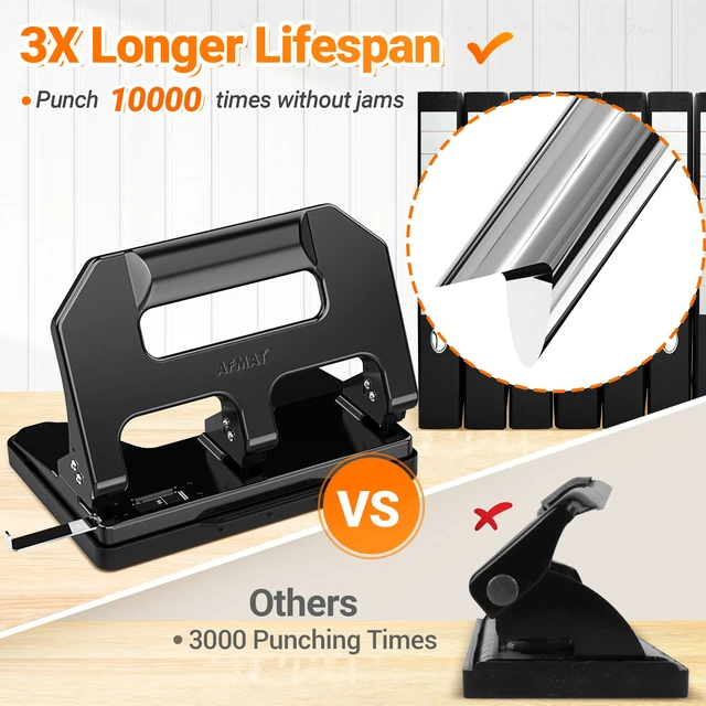 Alt view image 4 of 7 - HPX1 Heavy Duty 3 Hole Punch, 3 Hole Puncher for Binder, 40-Sheet Three Hole Punch w/ 10000+ Uses, Metal Hole Puncher 3 Ring, 50% Reduced Effort, Bulit-in S.S. Paper Guide (Black)