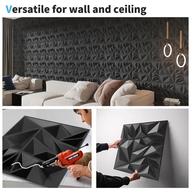 Alt view image 7 of 7 - 50-Pack Modern Diamond Textured 3D Wall Panels, 12 x 12 in, Black Light PVC, Waterproof, Scratch Proof, Decorative Wall, Ideal for Home, Office & Commercial Spaces