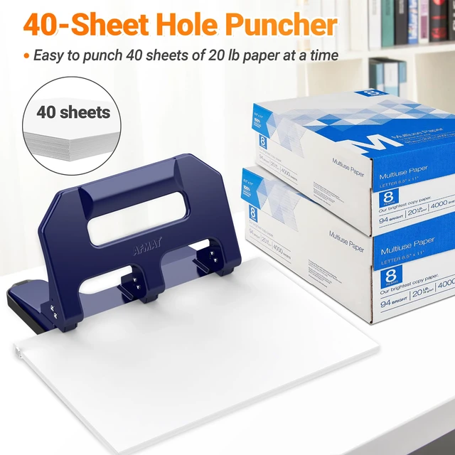 Alt view image 2 of 7 - Heavy Duty 3 Hole Punch, 3 Hole Puncher for Binder, 40-Sheet Three Hole Punch w/ 10000+ Uses, Metal Hole Puncher 3 Ring, 50% Reduced Effort, 9/32inch Hole, Bulit-in S.S. Paper Guide HPX1 (Blue)