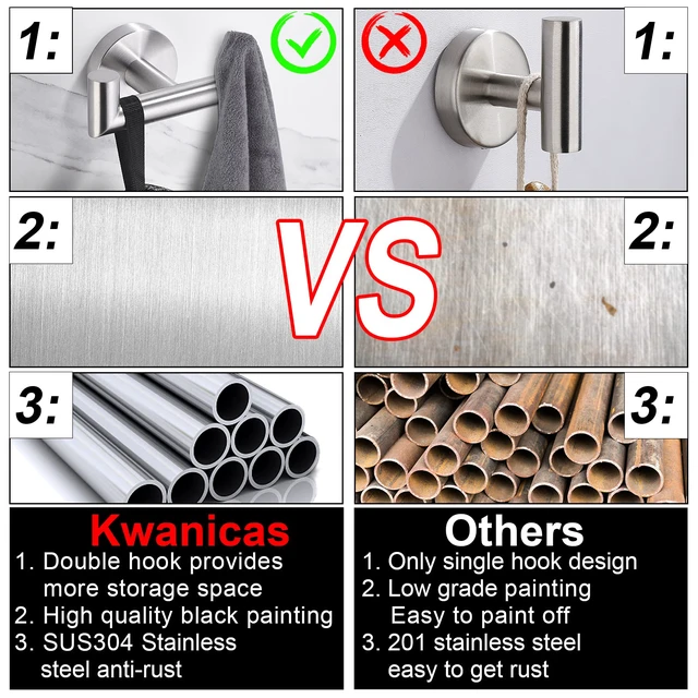 Alt view image 3 of 6 - Towel Hooks for Bathrooms,Towel Hook for Kitchen Bathroom,SUS304 Stainless Steel Coat Hook,Heavy Duty Double Holder Robe Hooks for Hanging Towels,Coats,Sponges,Clothes,Wall Mount,Brushed Nickel,4 Pack
