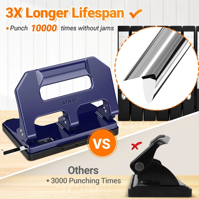 Alt view image 4 of 7 - Heavy Duty 3 Hole Punch, 3 Hole Puncher for Binder, 40-Sheet Three Hole Punch w/ 10000+ Uses, Metal Hole Puncher 3 Ring, 50% Reduced Effort, 9/32inch Hole, Bulit-in S.S. Paper Guide HPX1 (Blue)