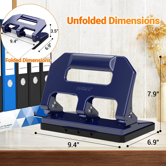 Alt view image 7 of 7 - Heavy Duty 3 Hole Punch, 3 Hole Puncher for Binder, 40-Sheet Three Hole Punch w/ 10000+ Uses, Metal Hole Puncher 3 Ring, 50% Reduced Effort, 9/32inch Hole, Bulit-in S.S. Paper Guide HPX1 (Blue)