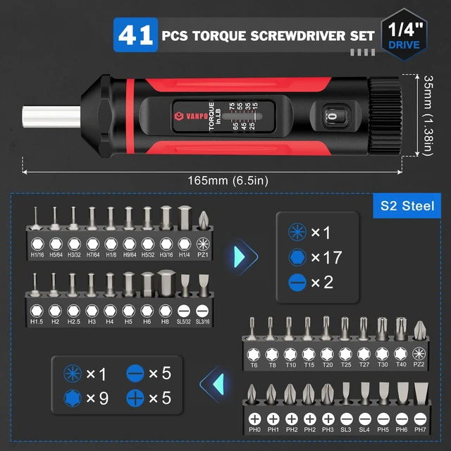 Alt view image 2 of 7 - Torque Screwdriver 15-75 in-lb, 1/4" Drive Precision Driver Set Inch Pounds Torque Wrench, 40 S2 Steel Bits for Gunsmithing, Bike Repair, Scope Mounting, Maintenance, DIY