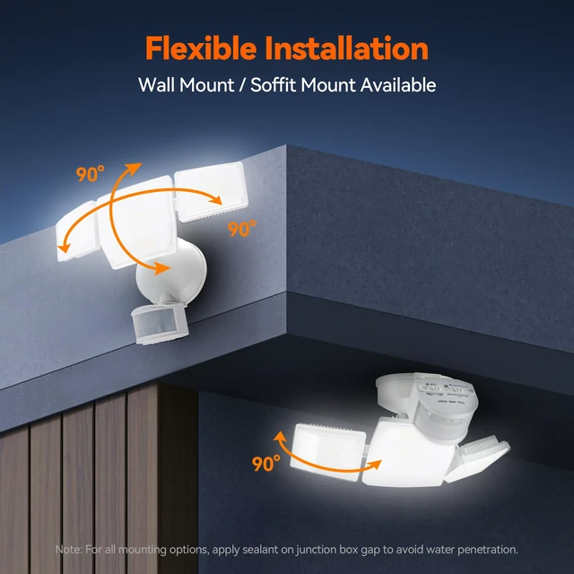 Alt view image 6 of 7 - 85W 10000LM Motion Sensor Outdoor Lights, 4-Head Super Bright LED Security Light, 5000K Daylight, IP65 Waterproof Hardwired Motion Detector Flood Lights Outdoor for Garage, Yard (White)