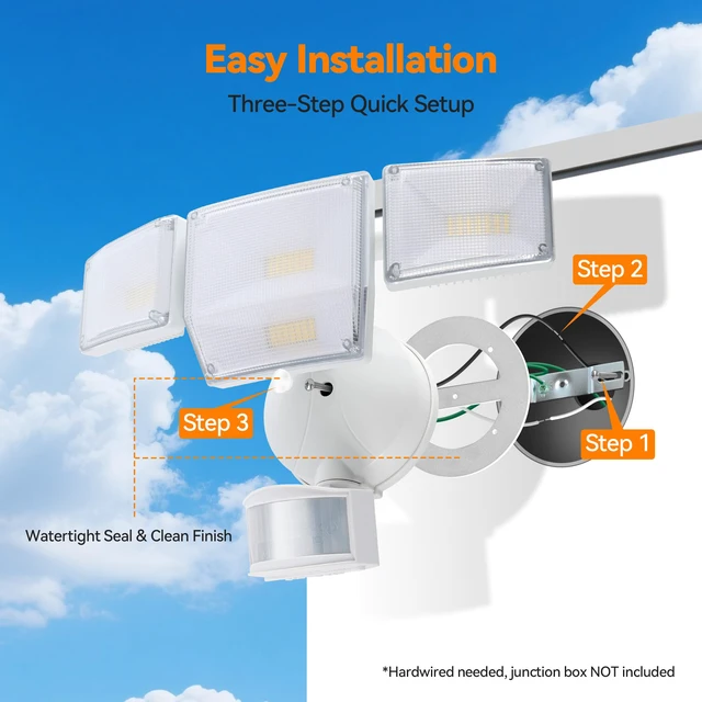 Alt view image 7 of 7 - 85W 10000LM Motion Sensor Outdoor Lights, 4-Head Super Bright LED Security Light, 5000K Daylight, IP65 Waterproof Hardwired Motion Detector Flood Lights Outdoor for Garage, Yard (White)