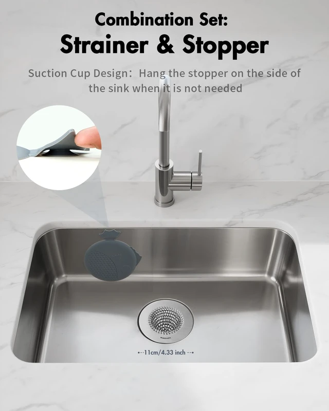 Alt view image 6 of 7 - Reversible Sink Drain Strainer & Kitchen Sink Stopper Set, Anti-Clog Fast Drainage, Easy Flip Cleaning, 2-in-1 Stopper Design, Leak-Resistant Seal, Anti-Slip, Fish Shape Design, Universal Fit