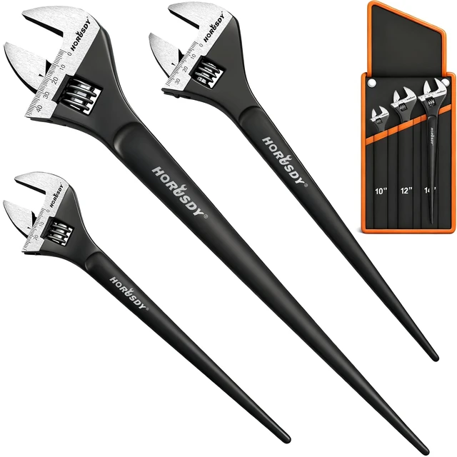 Main image of 3-Piece Adjustable Spud Wrench Set, 10", 12", 16", CR-V Steel, SAE & Metric Scale, Black Oxide Finish, Heavy Duty Wrenches for Construction, Mechanical Repair, DIY and Outdoor Projects
