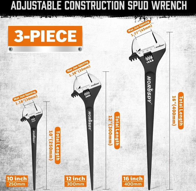 Alt view image 3 of 7 - 3-Piece Adjustable Spud Wrench Set, 10", 12", 16", CR-V Steel, SAE & Metric Scale, Black Oxide Finish, Heavy Duty Wrenches for Construction, Mechanical Repair, DIY and Outdoor Projects