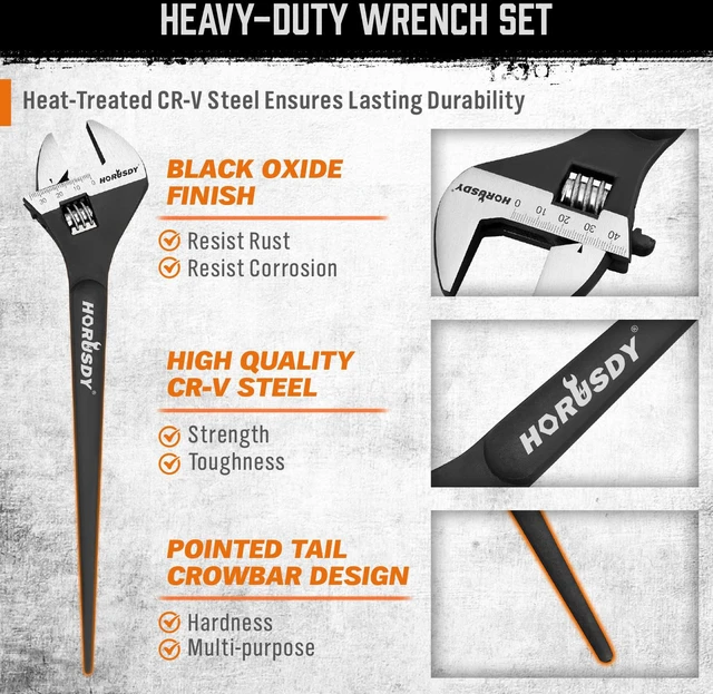 Alt view image 4 of 7 - 3-Piece Adjustable Spud Wrench Set, 10", 12", 16", CR-V Steel, SAE & Metric Scale, Black Oxide Finish, Heavy Duty Wrenches for Construction, Mechanical Repair, DIY and Outdoor Projects