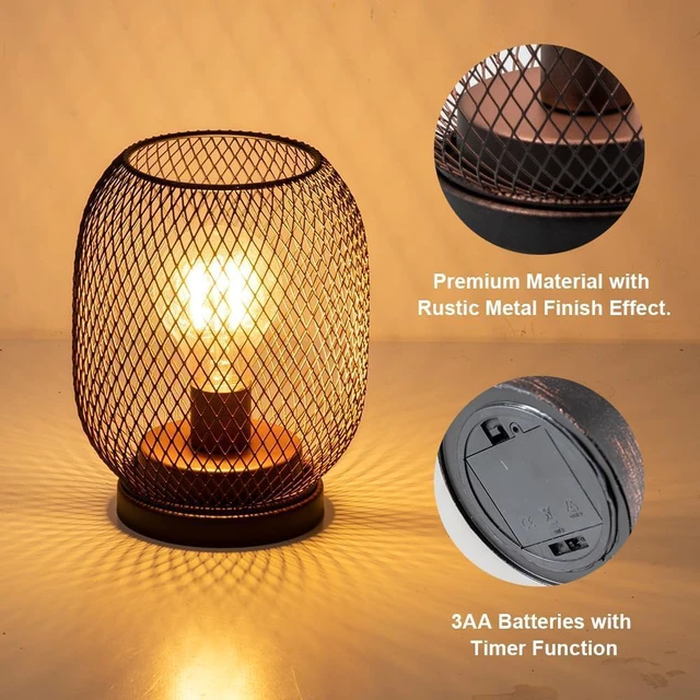 Alt view image 4 of 7 - Set of 2 Battery Operated Lamp LED Table Lantern, Brown Metal Cage Cordless Lamps with LED BulbVintage Decorative Outdoor Lantern for Weddings, Parties, Patio, Events for Indoors Shelf Decor