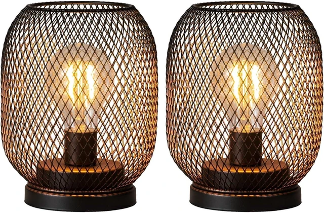 Main image of Set of 2 Battery Operated Lamp LED Table Lantern, Brown Metal Cage Cordless Lamps with LED BulbVintage Decorative Outdoor Lantern for Weddings, Parties, Patio, Events for Indoors Shelf Decor