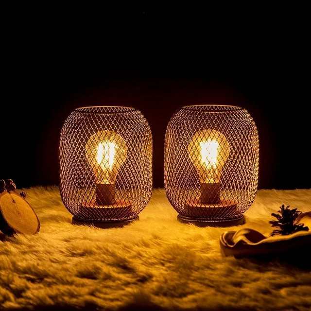 Alt view image 2 of 7 - Set of 2 Battery Operated Lamp LED Table Lantern, Brown Metal Cage Cordless Lamps with LED BulbVintage Decorative Outdoor Lantern for Weddings, Parties, Patio, Events for Indoors Shelf Decor