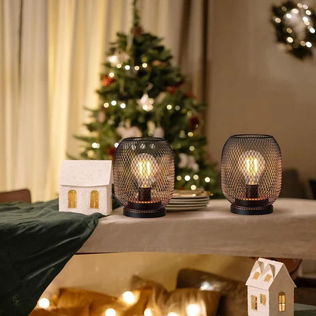 Alt view image 6 of 7 - Set of 2 Battery Operated Lamp LED Table Lantern, Brown Metal Cage Cordless Lamps with LED BulbVintage Decorative Outdoor Lantern for Weddings, Parties, Patio, Events for Indoors Shelf Decor