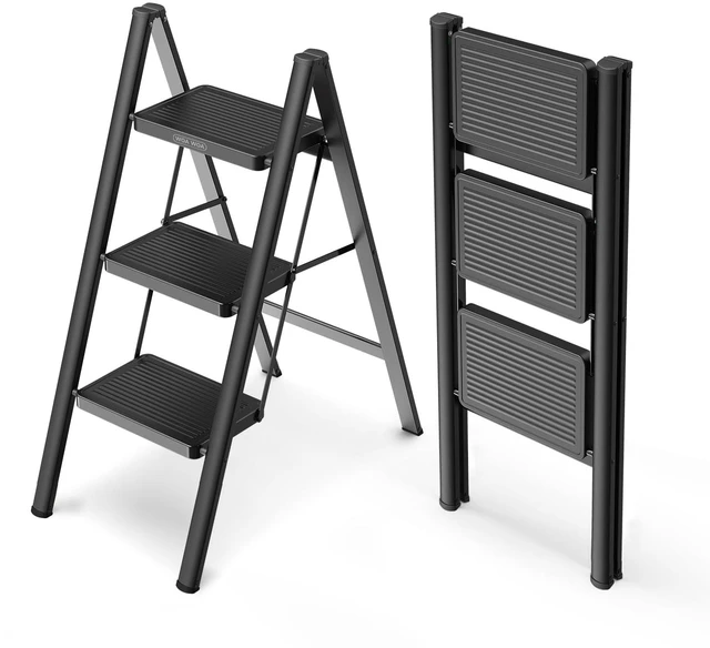 Main image of 3 Step Foldable Step Stool, 330lbs Load, Black Folded 36'' H x 2'' T; Net 9.9 lbs; Anti-Slip Feet Grip Wood, Tile, Carpet; Wide Pedals; For Kitchens, Closets