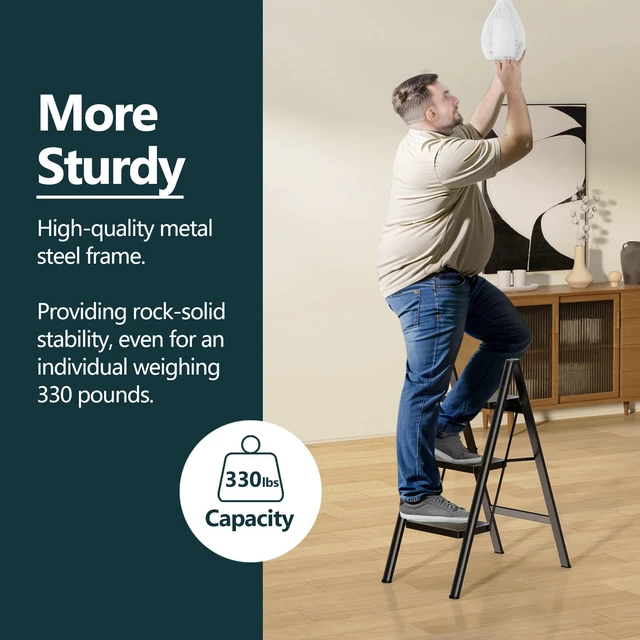 Alt view image 2 of 6 - 3 Step Foldable Step Stool, 330lbs Load, Black Folded 36'' H x 2'' T; Net 9.9 lbs; Anti-Slip Feet Grip Wood, Tile, Carpet; Wide Pedals; For Kitchens, Closets