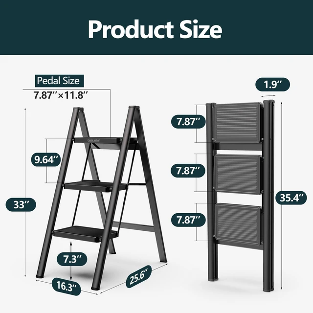 Alt view image 6 of 6 - 3 Step Foldable Step Stool, 330lbs Load, Black Folded 36'' H x 2'' T; Net 9.9 lbs; Anti-Slip Feet Grip Wood, Tile, Carpet; Wide Pedals; For Kitchens, Closets