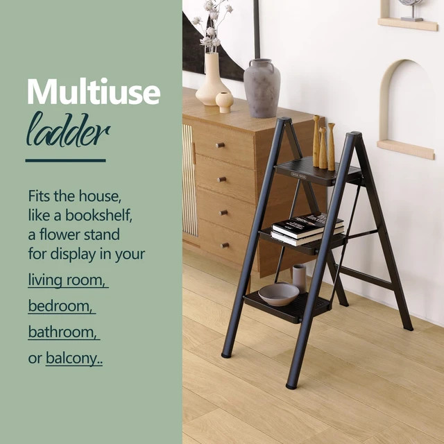 Alt view image 5 of 6 - 3 Step Foldable Step Stool, 330lbs Load, Black Folded 36'' H x 2'' T; Net 9.9 lbs; Anti-Slip Feet Grip Wood, Tile, Carpet; Wide Pedals; For Kitchens, Closets