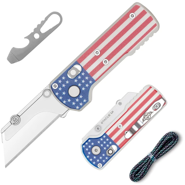 Main image of Otacle U1 Folding Utility Knife with Quick Change Blade & Rail Lock EDC Box Cutter with G10 Handle, Pocket Clip, Compact 3.38 in Design for Office, Factory & Daily Carry (Stars&Stripes)
