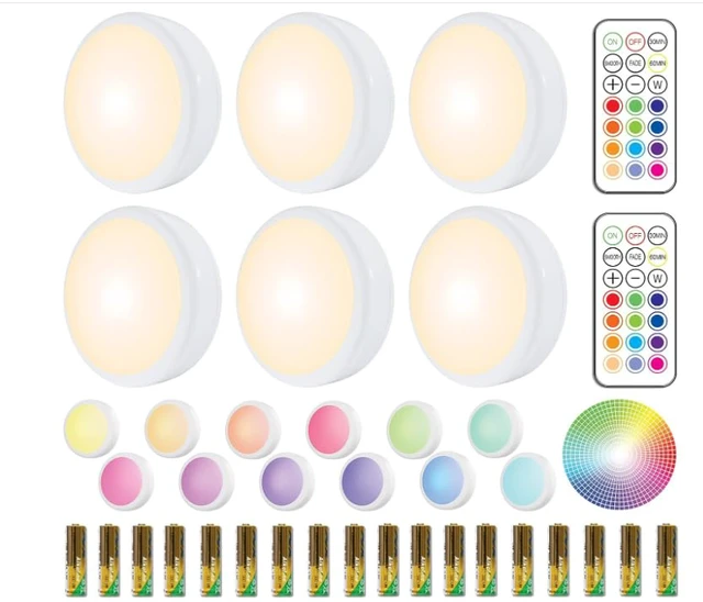 Main image of LED Puck Lights with Remote, 6 Pack Color Changing RGBW, Battery Powered Under Cabinet Lighting, Dimmable with Timer & Memory, Stick-On Wireless Light with 18 AA Batteries Included