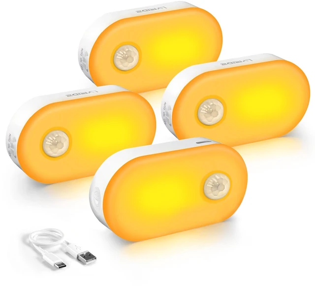 Main image of Rechargeable Battery Night Light with Motion Sensor, Portable, Auto-Off, Dimmable for Bathroom, Bedroom, Kitchen, Stairs, Hallway, Pets, Travel, 4-Pack, Amber