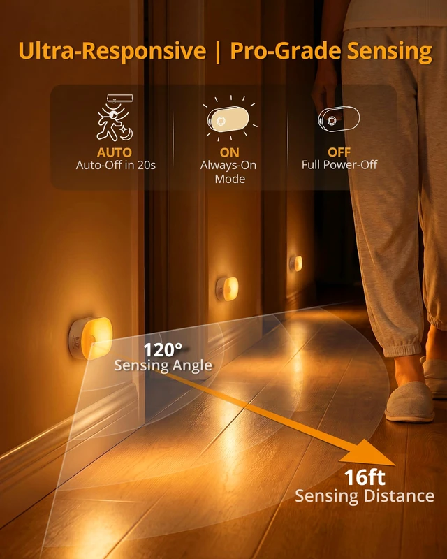 Alt view image 2 of 7 - Rechargeable Battery Night Light with Motion Sensor, Portable, Auto-Off, Dimmable for Bathroom, Bedroom, Kitchen, Stairs, Hallway, Pets, Travel, 4-Pack, Amber