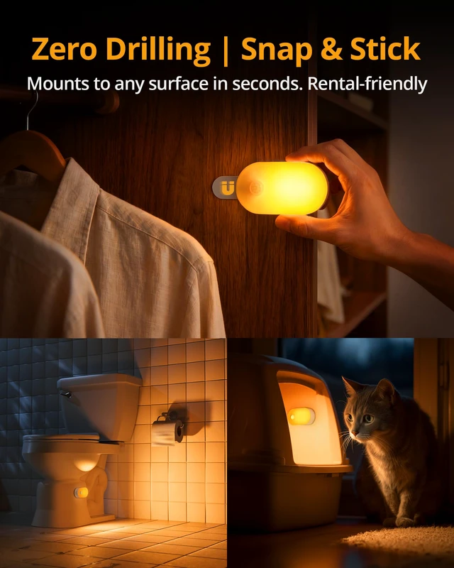 Alt view image 7 of 7 - Rechargeable Battery Night Light with Motion Sensor, Portable, Auto-Off, Dimmable for Bathroom, Bedroom, Kitchen, Stairs, Hallway, Pets, Travel, 4-Pack, Amber