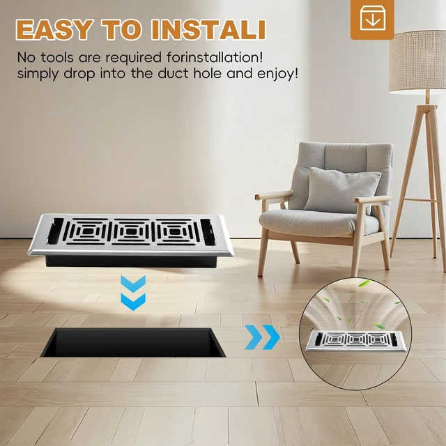 Alt view image 6 of 6 - Floor Register 4x10, Heavy Duty Walkable Steel Floor Vent Covers, Easy Adjust Air Flow Direction Floor Registers, Silver Floor Vents, Boston Design Air Vents for Home, 6 Pack