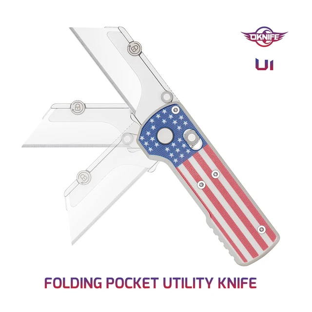 Alt view image 2 of 7 - Otacle U1 Folding Utility Knife with Quick Change Blade & Rail Lock EDC Box Cutter with G10 Handle, Pocket Clip, Compact 3.38 in Design for Office, Factory & Daily Carry (Stars&Stripes)